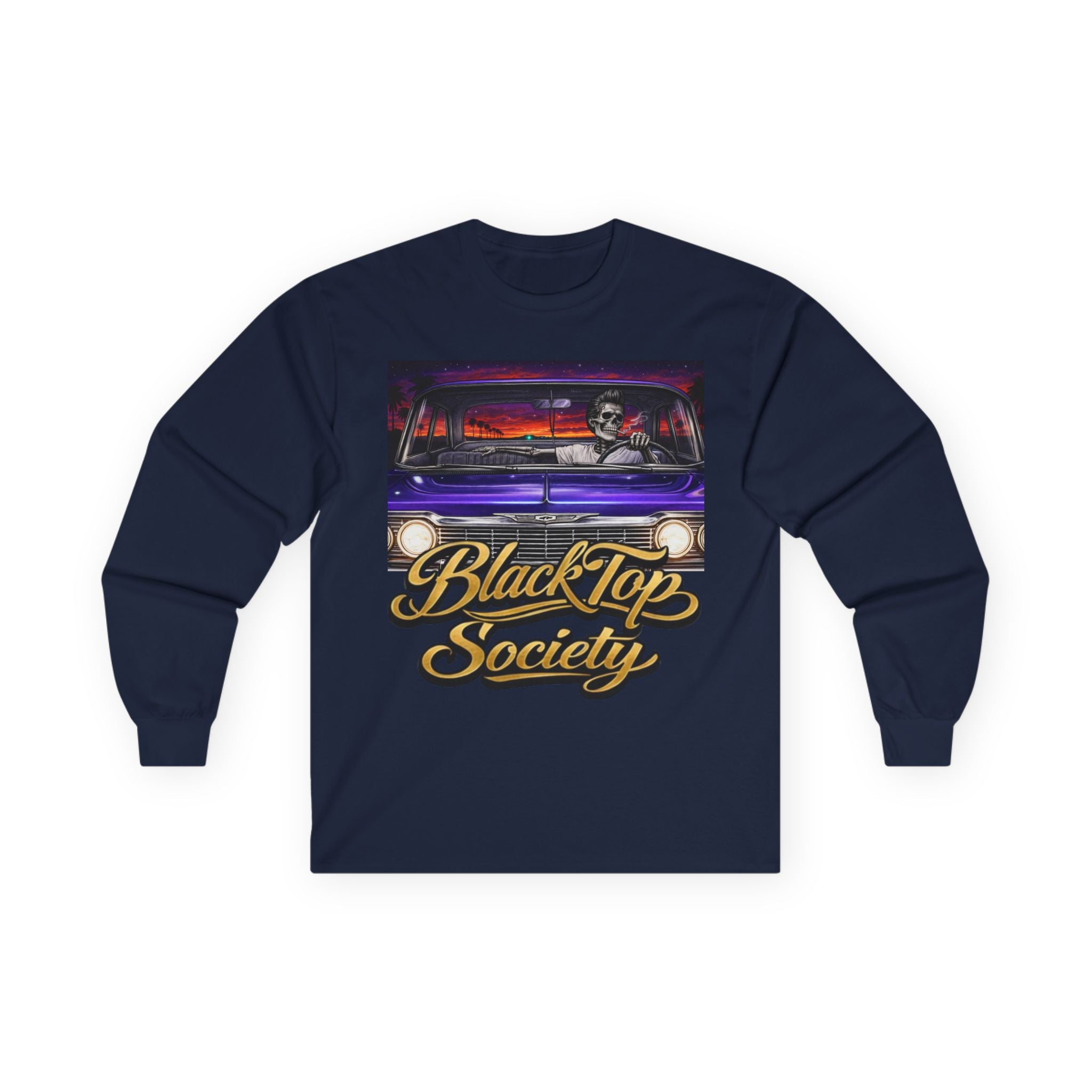 Black Top Society Long Sleeve Tee — Retro Lowrider Car Graphic